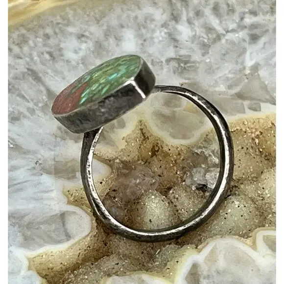Old Pawn Sterling Silver Southwestern Turquoise Red Coral Inlay Ring Size 7.75